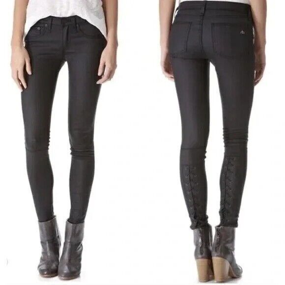 Rag & Bone Devi Skinny Jeans Lace Up Ankle Waxed Coated Black Wash Sz 27 - Picture 1 of 9